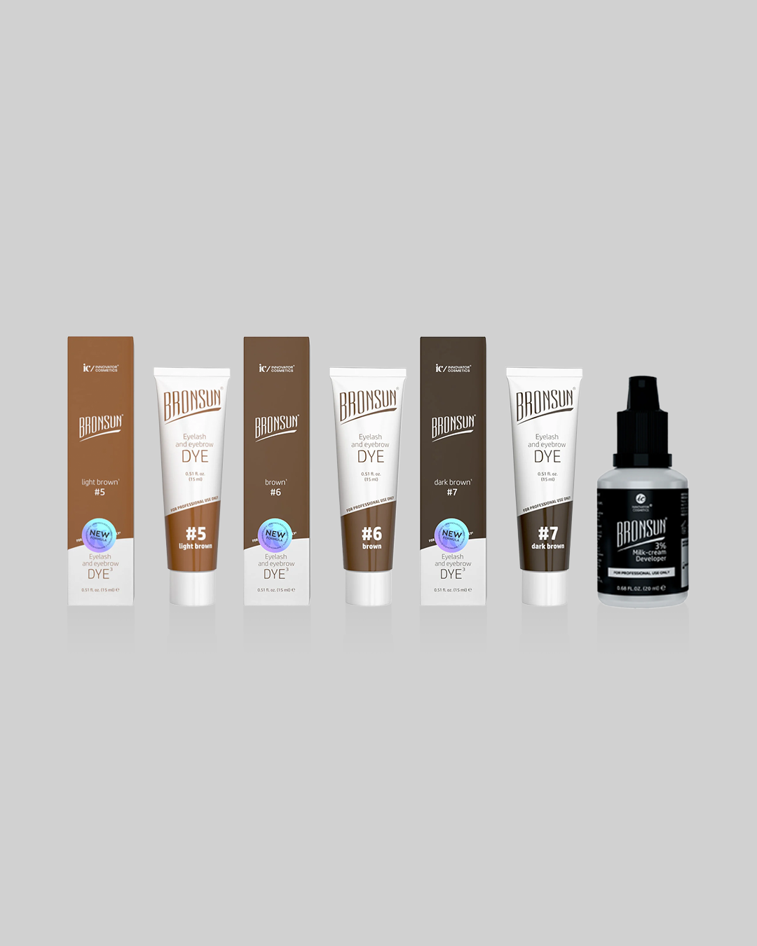 Bronsun - Gel colorante per ciglia e sopracciglia - Best Sellers + Sviluppatore in crema di latte - 3 x 15ml